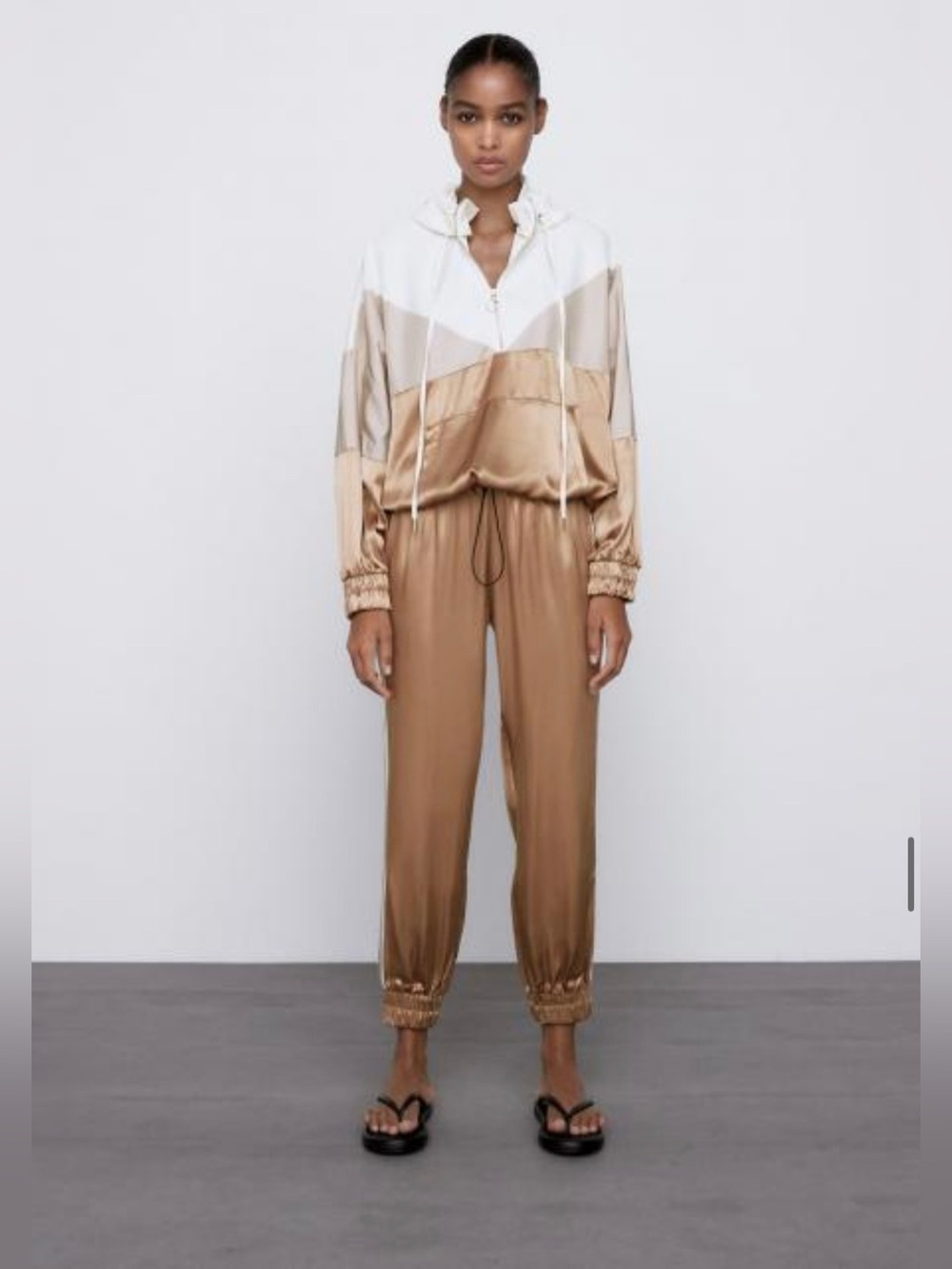 Zara Satin Track Pants in Light Brown with Cream Stripe